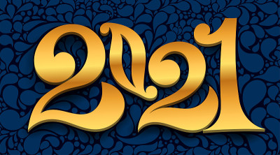 奢华的2021新年快乐设计。金色亮片与卷发2021标志数字。完美的字体，横幅，海报，欢迎豪华设计。矢