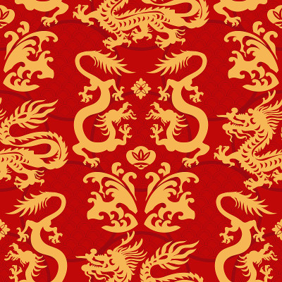 日本，中国无缝图案与龙，扇，樱花，云，盆景，海誓。