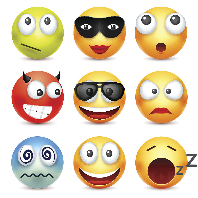 笑脸,表情符号。黄脸带着情绪。面部表情。3 d现实emoji。伤心,高兴,生气的脸。有趣的卡通cha