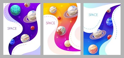 太空海报上有卡通行星，矢量星系