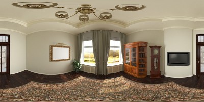 室内球面全景图，3D插图