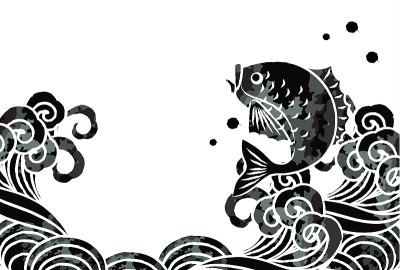 海啸和鱼打印风格矢量插图