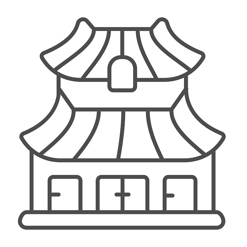 经典的日本住宅建筑细线图标，亚洲文化概念，日本家园矢量标志上的白色背景，轮廓风格图标的移动概念和网页