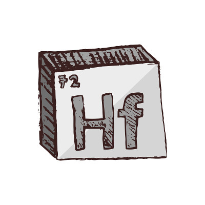 矢量三维手绘化学银灰色符号的金属铪与缩写Hf从周期表上的元素隔离在白色背景上。