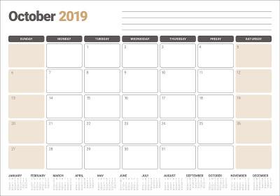 2019年10月台历矢量插图