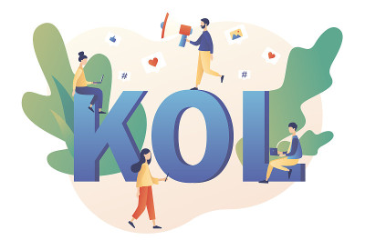 关键意见领袖。KOL文本。社会媒体影响。市场营销。拥有扩音器和在线粉丝的小博主。影响观众。现代平面卡