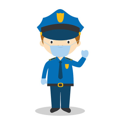 可爱的卡通矢量插图的警察与外科口罩和乳胶手套的保护，以防止健康紧急情况