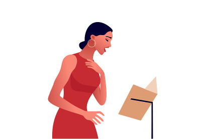 优雅的女人穿着红衣服唱歌。
