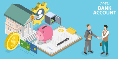开放银行帐户的三维等距平面矢量概念插图。
