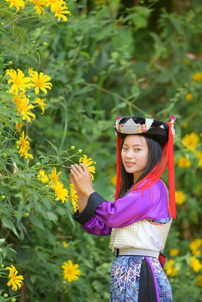 美丽的亚洲拉祜族女士手持墨西哥花。