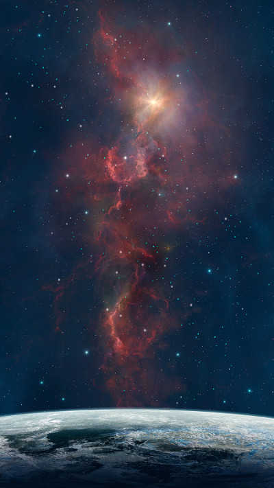空间背景。带有行星和恒星场的彩色星云
