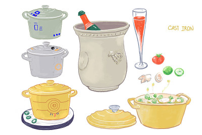 Collection of kitchen tools for cooking, vegetable
