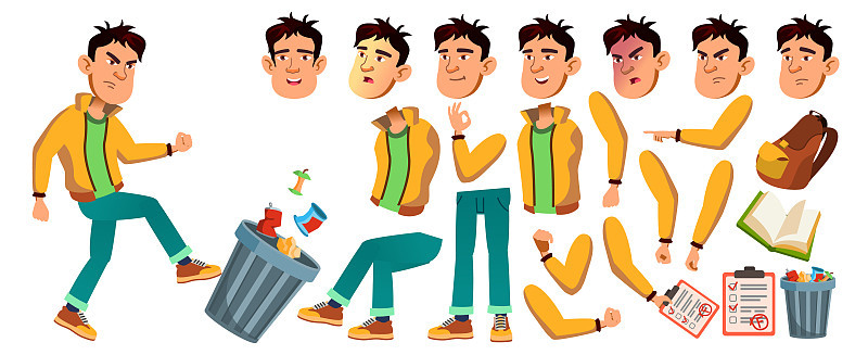 Asian Bad Boy Vector. High School Child. Animation