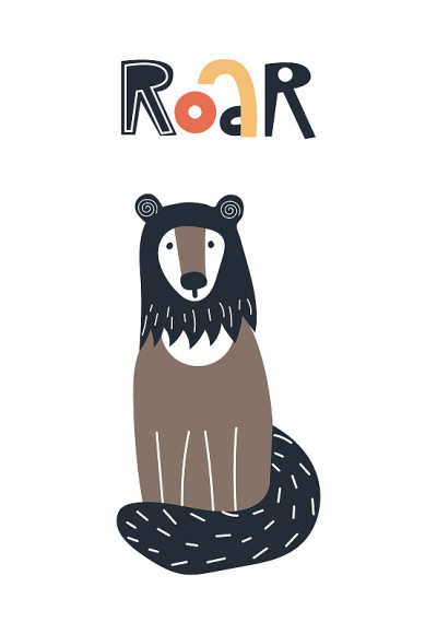 Roar - Cute kids hand drawn nursery poster with wo