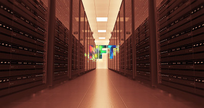 区块链数字NFT艺术现代数据中心房间。
