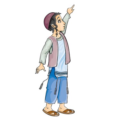 jewish boy in a kippah with dogs and tzitzit brush