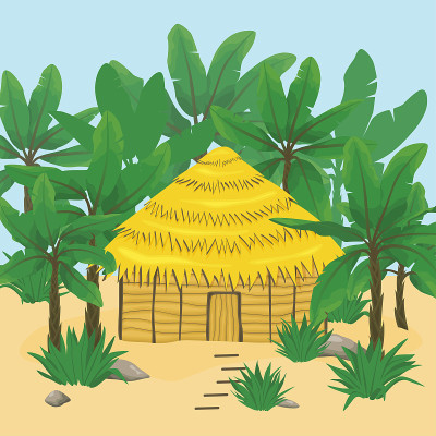 热带气候下的平房。沙滩上有棕榈树和一间小屋。