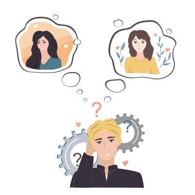 犹豫不决的少年怀疑两个爱人。一个年轻人想着两个漂亮的女孩，想知道他喜欢哪一个。卡通矢量图