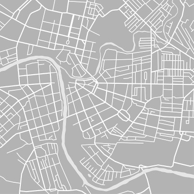 城市地图。城镇街道，公园和河流。市区gps导航方案，抽象交通方案。绘制方案城镇，灰色背景上白线路。城