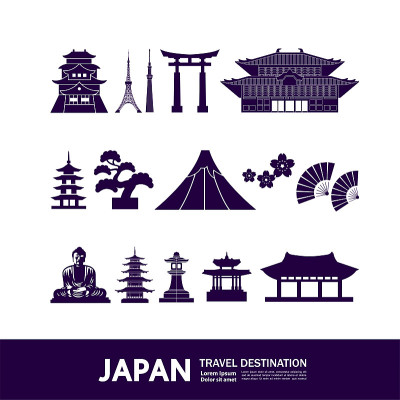 日本旅游目的地大矢量插图。