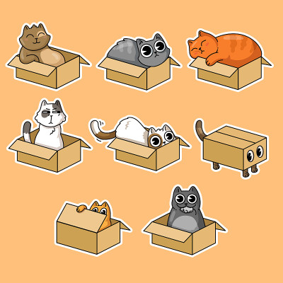 Cute cats in boxes stickers collection for t-shirt