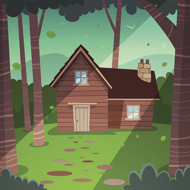 一幅树林里小屋的插图