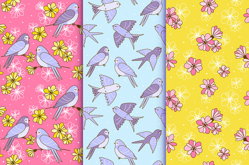 Set of seamless patterns with cute swallows and sp