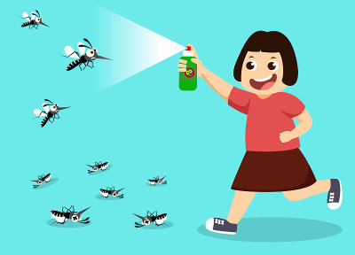 girl fight mosquito by spray. protection dengue fe