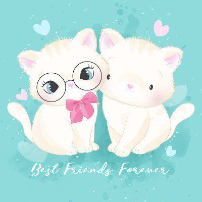可爱的小猫咪与水彩插图