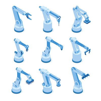 Robotic arms, machine hands on factory or plant
