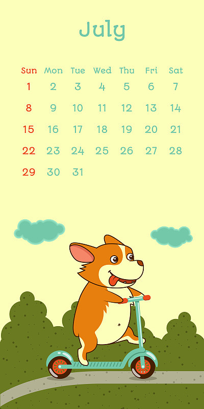 2018年7月日历与威尔士柯基犬