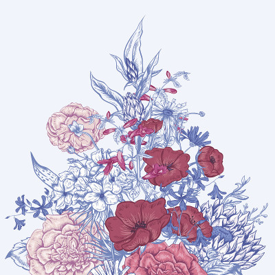 温柔复古的夏季鲜花贺卡，复古的花束，矢量插图