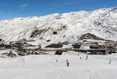 高山滑雪胜地滑雪道上的滑雪者