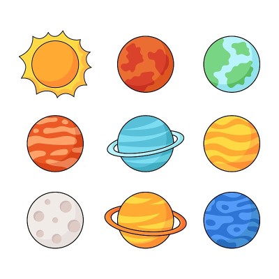 一组空间图标。行星卡通风格。孤立在白色背景上。矢量插图。