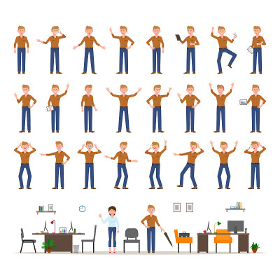 成人办公室卡通人物在休闲服装平面风格设计矢量插图集。男士穿着牛仔裤，身体姿势，面部表情，办公桌，椅子