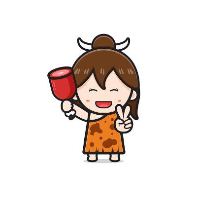 可爱的原始山顶洞人女孩手持肉类卡通图标插图。