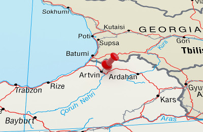 地图显示Artvin，土耳其红色大头针。3D渲染