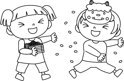 Children throwing dried soy beans outline