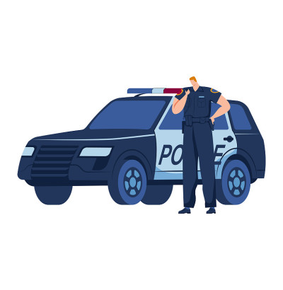 警车、保安车隔离上白色，保安巡逻运输，设计上，以卡通风格矢量插图。