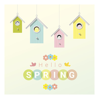 Hello spring background with little birds in birdh