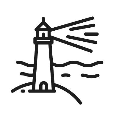 Lighthouse on a beach with waves in the sea icon. 