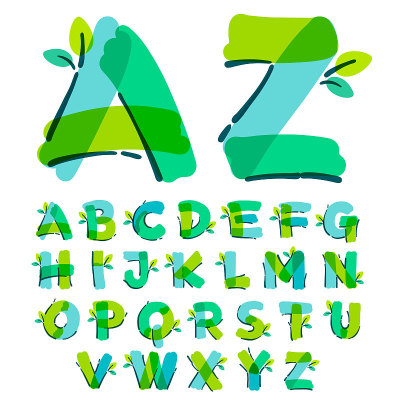 用毡尖笔手写的绿叶字母。
