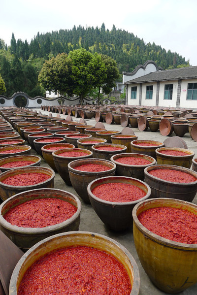 辣椒酱在大罐子里，在辣椒酱厂，