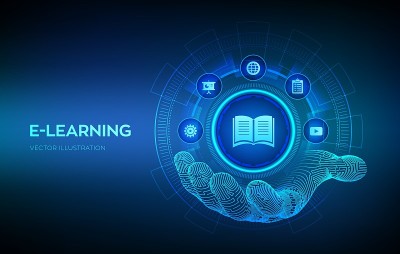 机器人手上的电子学习图标。创新的在线教育和互联网技术理念。网络研讨会，教学，在线培训课程。技能发展。