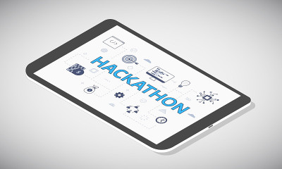 Hackathon技术概念平板电脑屏幕与等距3d风格