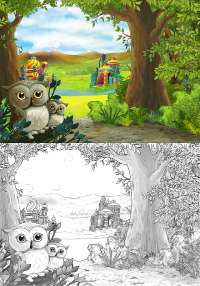 卡通场景与美丽的城堡附近森林-插图猫头鹰