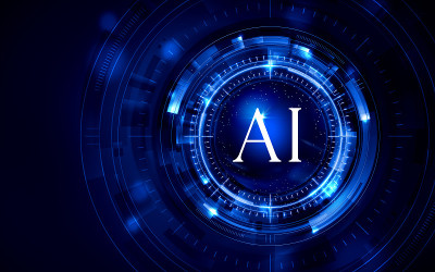 人工智能(AI)，大脑背景图像材质为蓝色