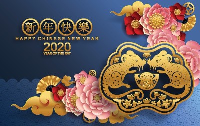 2020年中国新年鼠年，红色和金色剪纸鼠的性格，花和亚洲元素与工艺风格的背景。
(中文翻译:祝202
