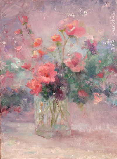 油画《水晶花瓶里的粉红玫瑰》照片