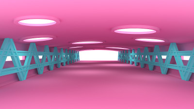 粉色魅力长廊与蓝色结构。天花板上有洞的隧道。3 d渲染。